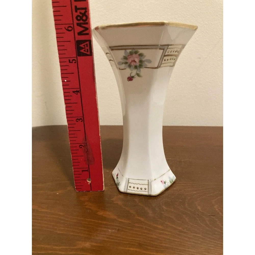 Vintage Hand Painted Porcelain Floral‎ Bud Vase Gold Gilt Moriage Hexagonal 6